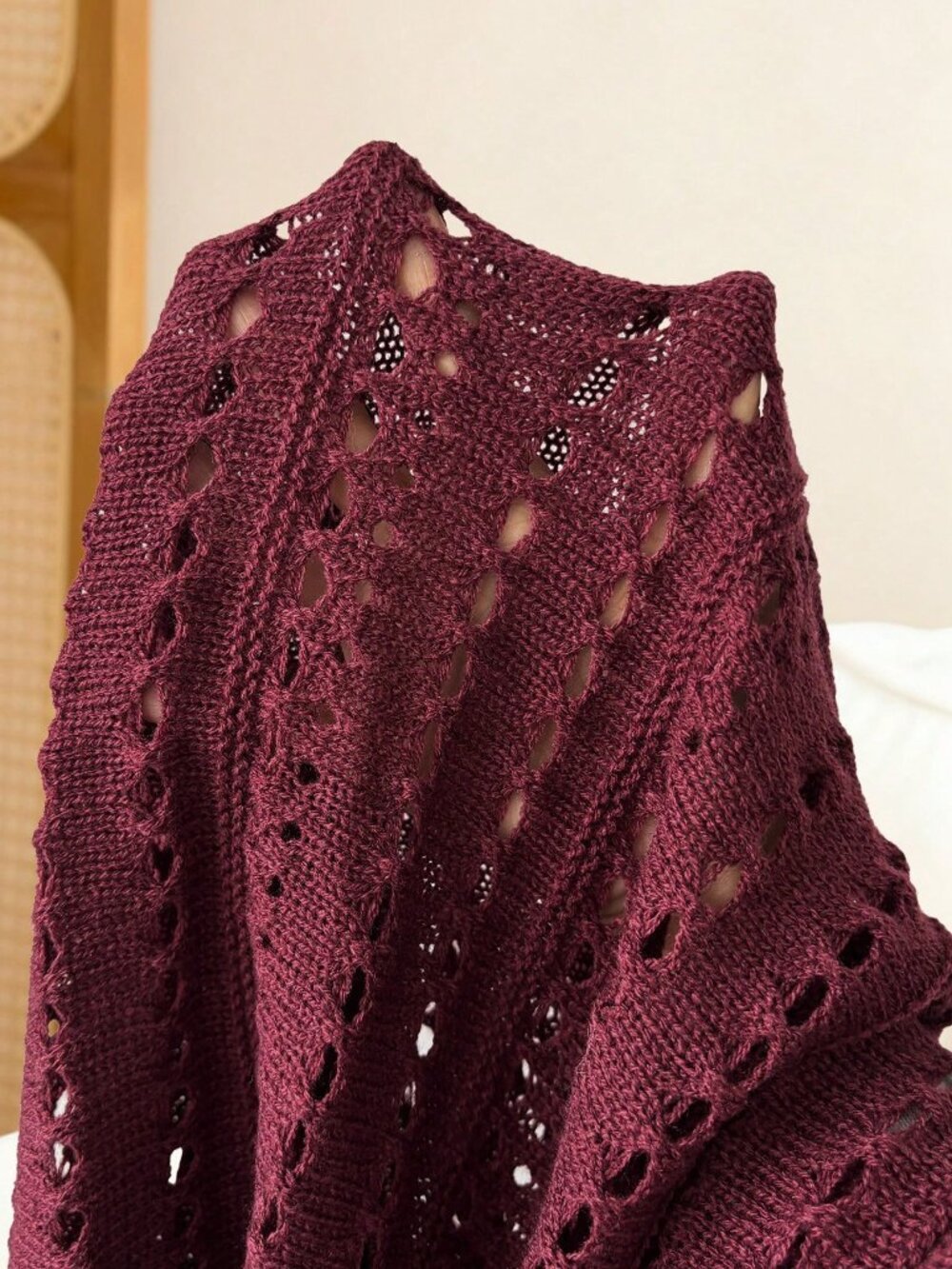 Red Hollow Knit Women's Pullover Sweater Waist, Round Neck, Lantern Sleeve - Picture 5 of 6